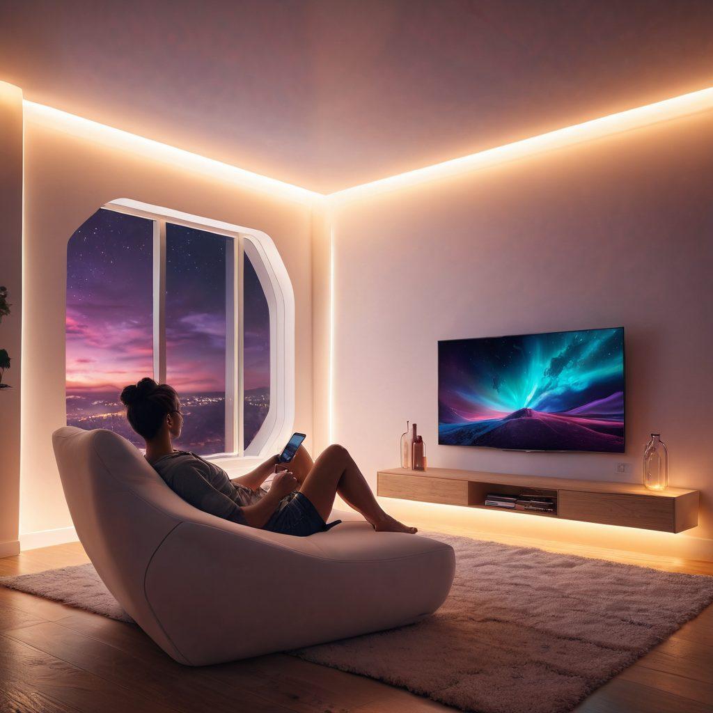 A futuristic depiction of a cozy home setting, with a person lounging on a stylish couch, illuminated by the glow of a large screen streaming adult content. The room features warm ambient lighting and modern decor, with hints of indulgence like a glass of wine and plush pillows. Include subtle, abstract representations of digital pleasure, like swirling colors or soft shape motifs in the background. vibrant colors. 3D.