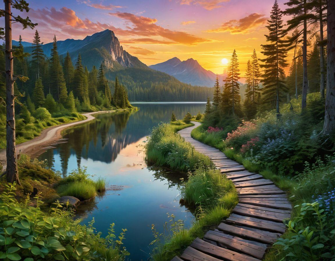 A serene landscape with a winding path leading through a lush forest, symbolizing the journey of navigating explicit content. Along the path, signs displaying 'Safety' and 'Enjoyment' guide the viewer. In the background, a tranquil lake reflects a sunset, representing balance and calmness. Characters of diverse backgrounds are seen exploring the landscape thoughtfully. digital painting. vibrant colors. soothing atmosphere.